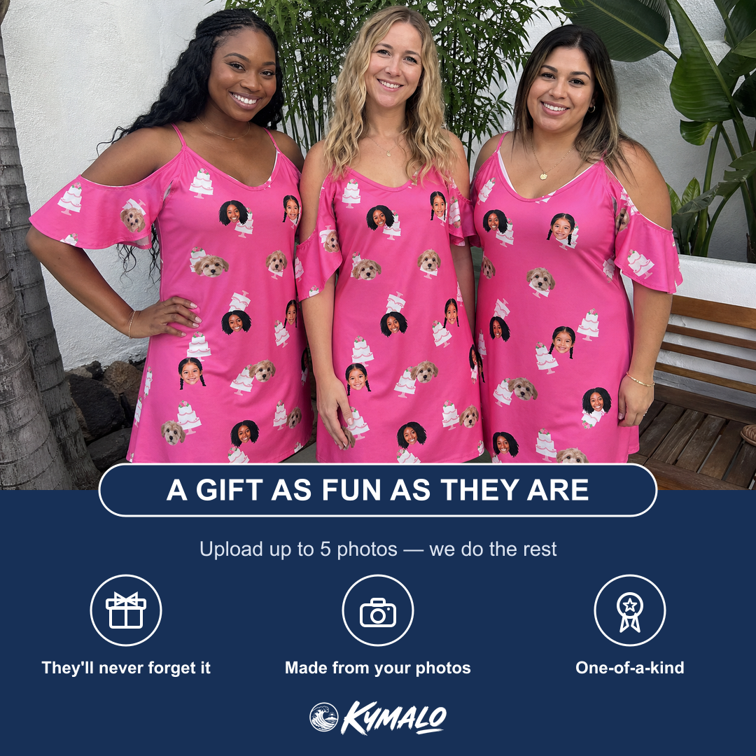 Friends in matching Women's Tiered Tease Custom Face Off-Shoulder Dress — a group gift photo