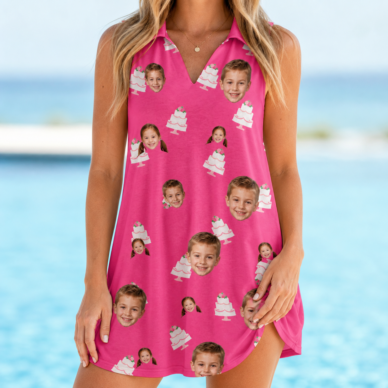 Model wearing Women's Tiered Tease Custom Face V-Neck Dress printed with kids' faces