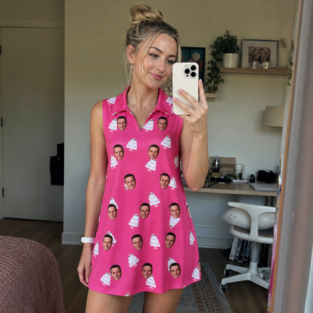 Real-life photo of someone wearing Women's Tiered Tease Custom Face V-Neck Dress — custom faces printed all-over