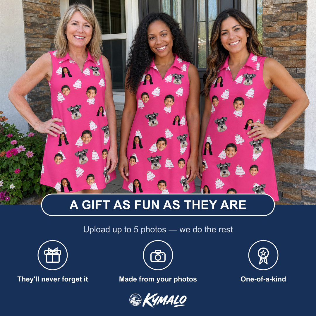 Friends in matching Women's Tiered Tease Custom Face V-Neck Dress — a group gift photo