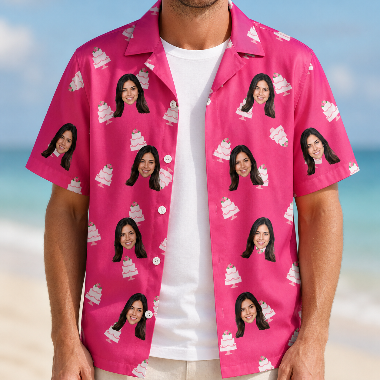 Man wearing Men's Tiered Tease Custom Face Hawaiian Shirt open over a white tee
