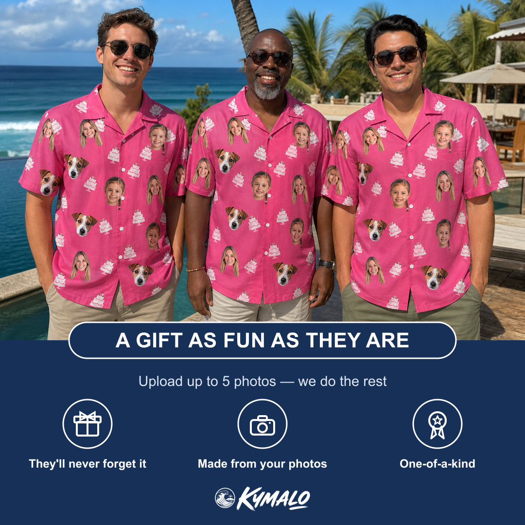 Friends in matching Men's Tiered Tease Custom Face Hawaiian Shirt — a group gift photo