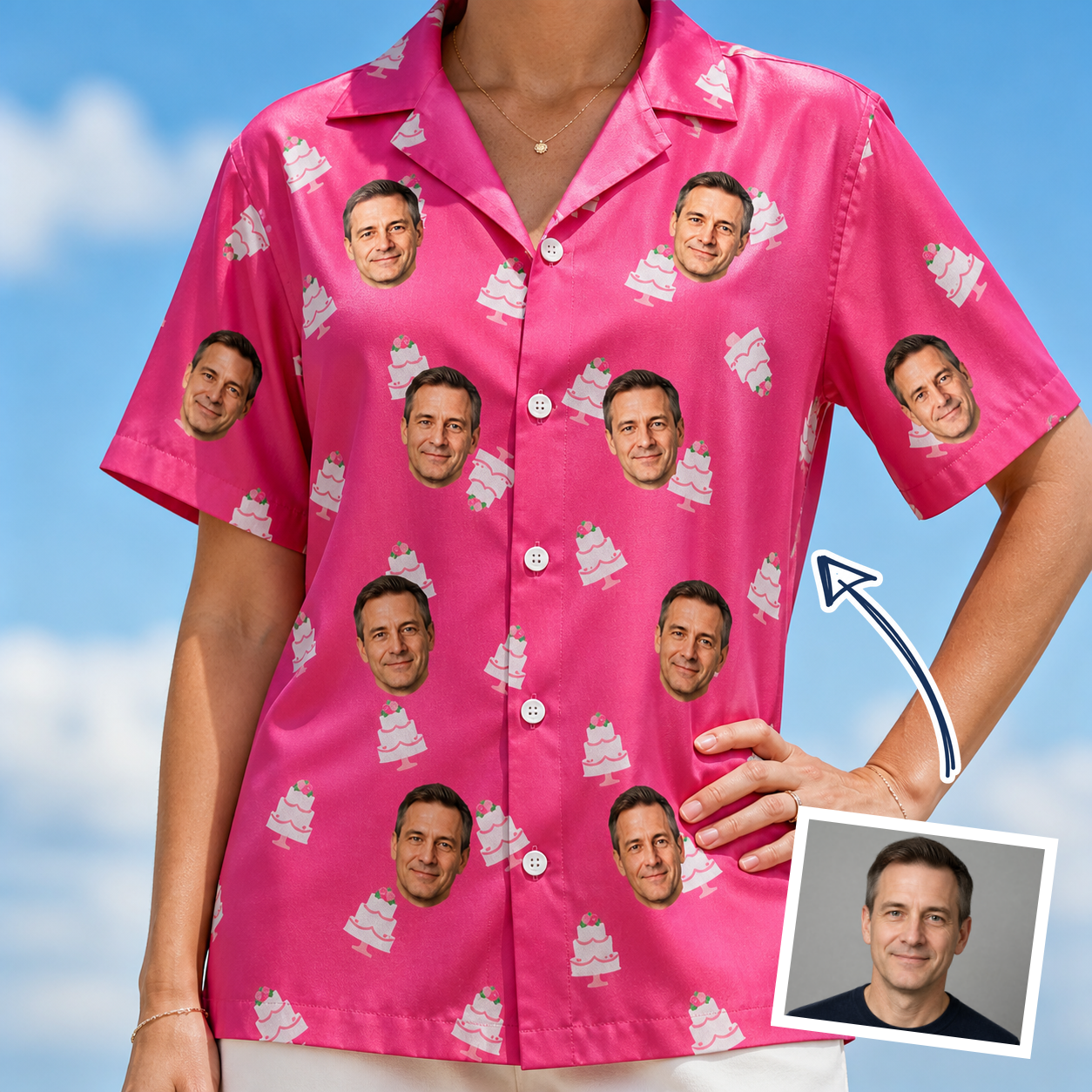 Woman wearing Women's Tiered Tease Custom Face Hawaiian Shirt — custom faces printed all-over