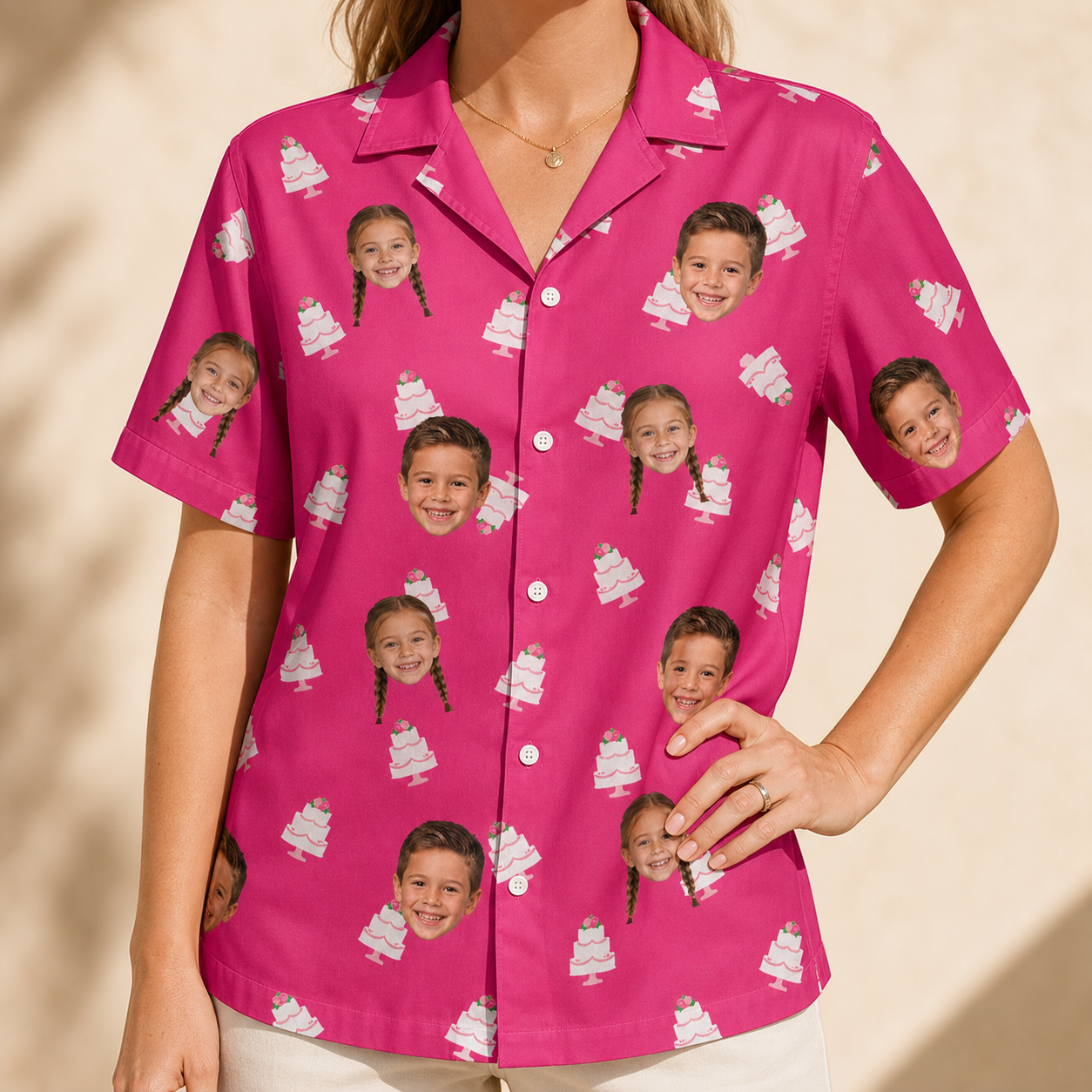 Model wearing Women's Tiered Tease Custom Face Hawaiian Shirt printed with kids' faces