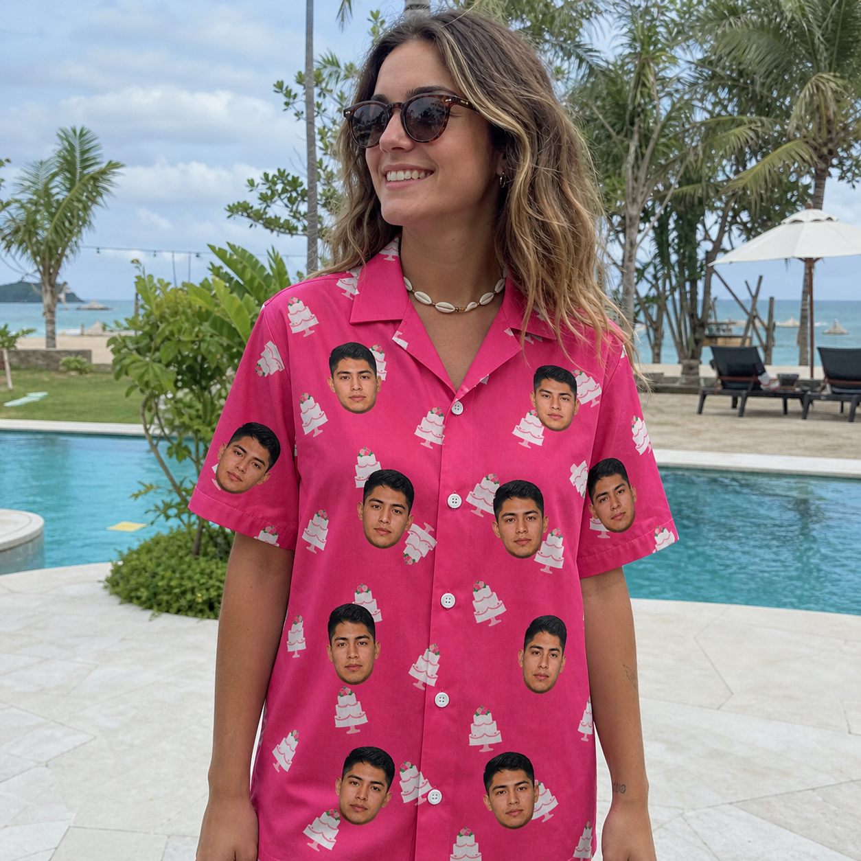 Real-life photo of someone wearing Women's Tiered Tease Custom Face Hawaiian Shirt — custom faces printed all-over