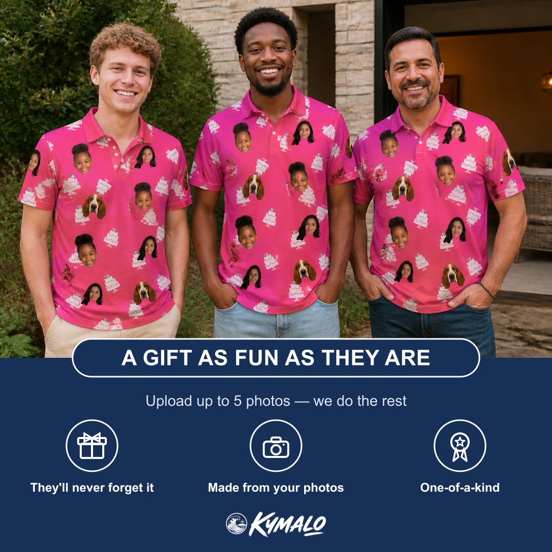 Friends in matching Men's Tiered Tease Custom Face Polo Shirt — a group gift photo