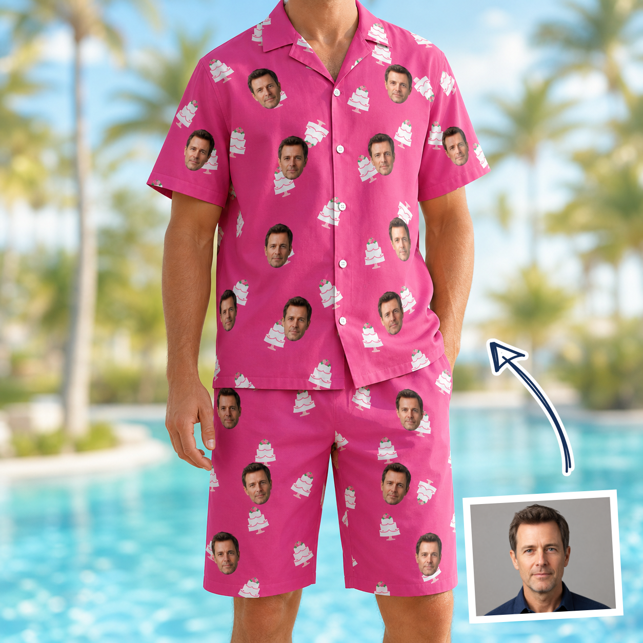 Man wearing Men's Tiered Tease Custom Face Shirt & Shorts Set — custom faces printed all-over