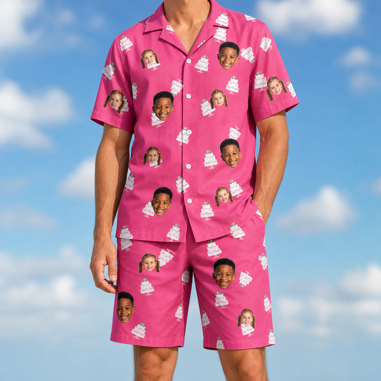 Model wearing Men's Tiered Tease Custom Face Shirt & Shorts Set printed with kids' faces
