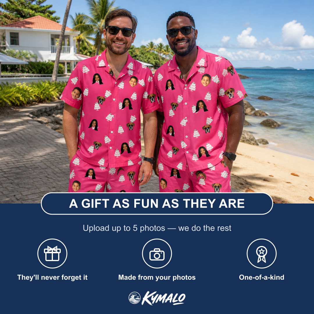 Friends in matching Men's Tiered Tease Custom Face Shirt & Shorts Set — a group gift photo