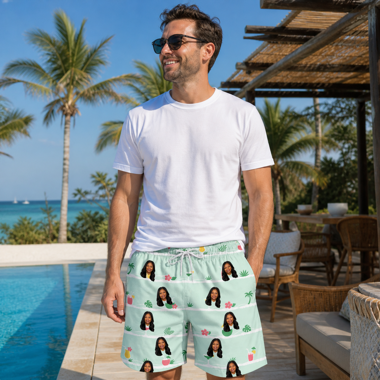 Real-life photo of someone wearing Men's Margarita Mayhem Custom Face Beach Shorts — custom faces printed all-over
