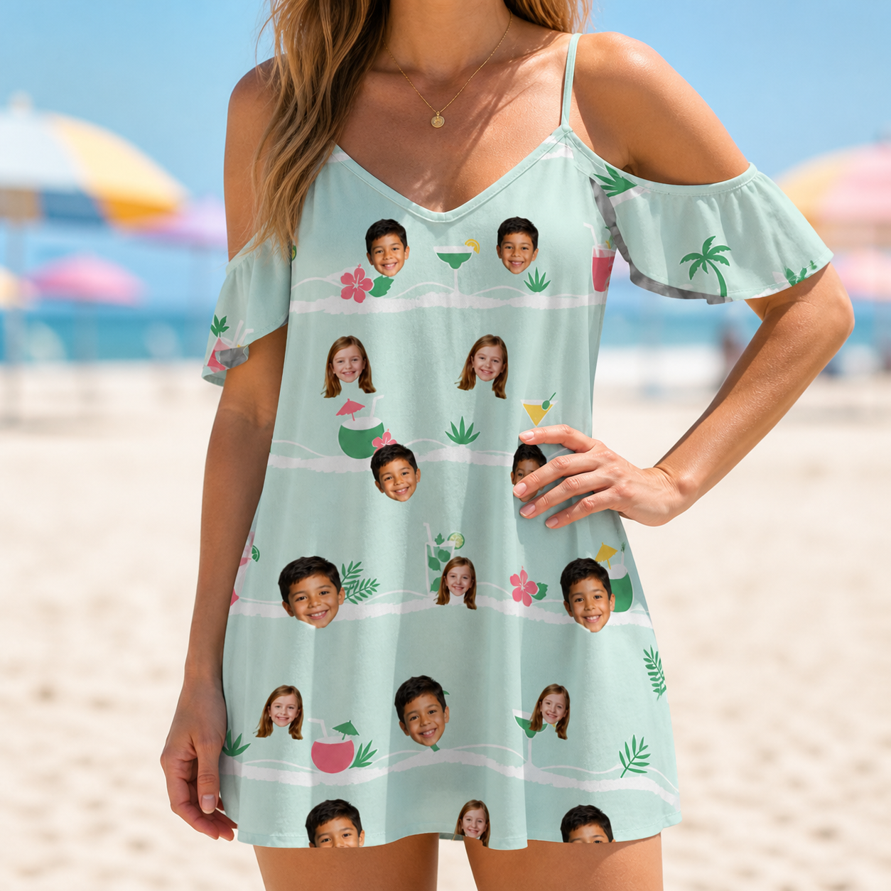 Model wearing Women's Margarita Mayhem Custom Face Off-Shoulder Dress printed with kids' faces