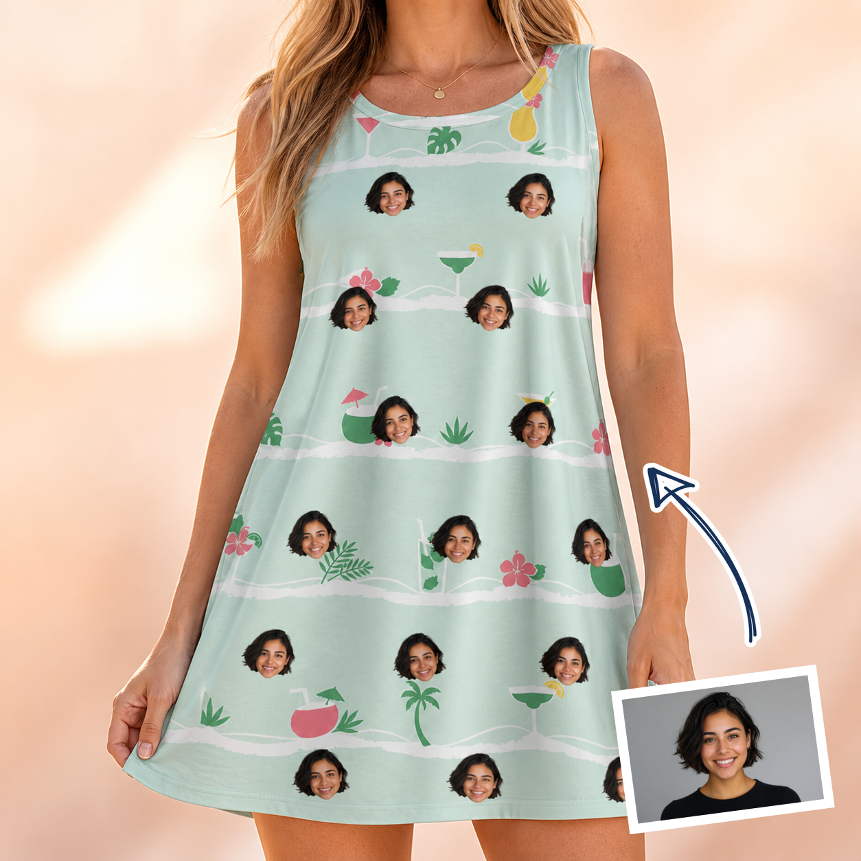 Woman wearing Women's Margarita Mayhem Custom Face Tank Dress — custom faces printed all-over