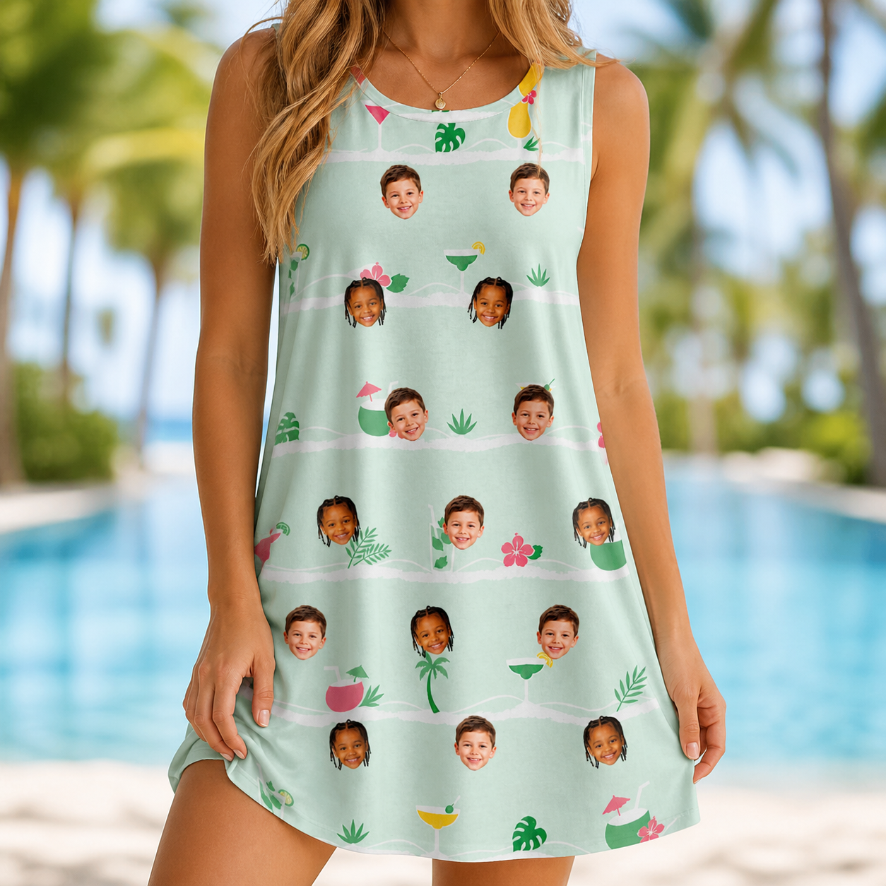Model wearing Women's Margarita Mayhem Custom Face Tank Dress printed with kids' faces
