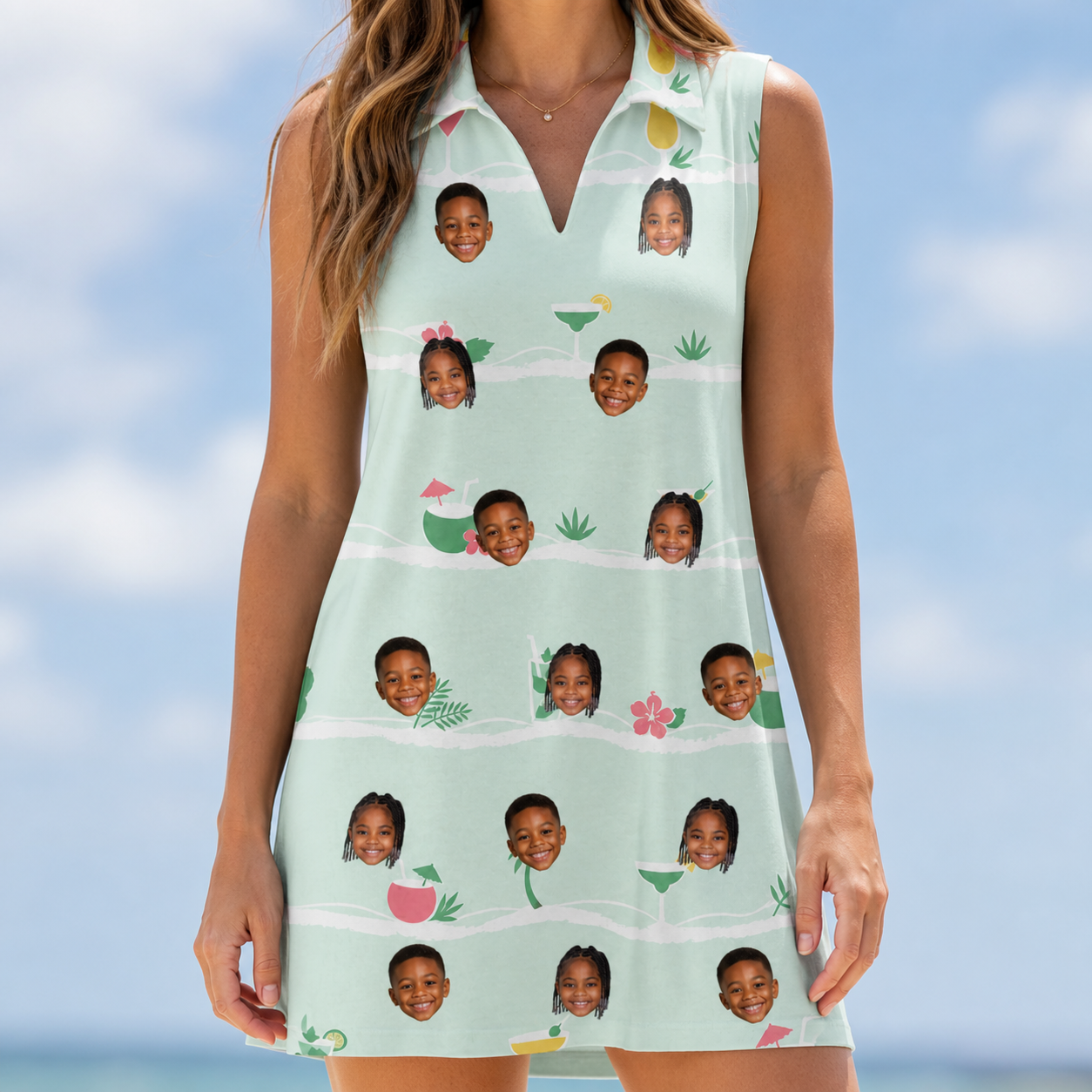 Model wearing Women's Margarita Mayhem Custom Face V-Neck Dress printed with kids' faces