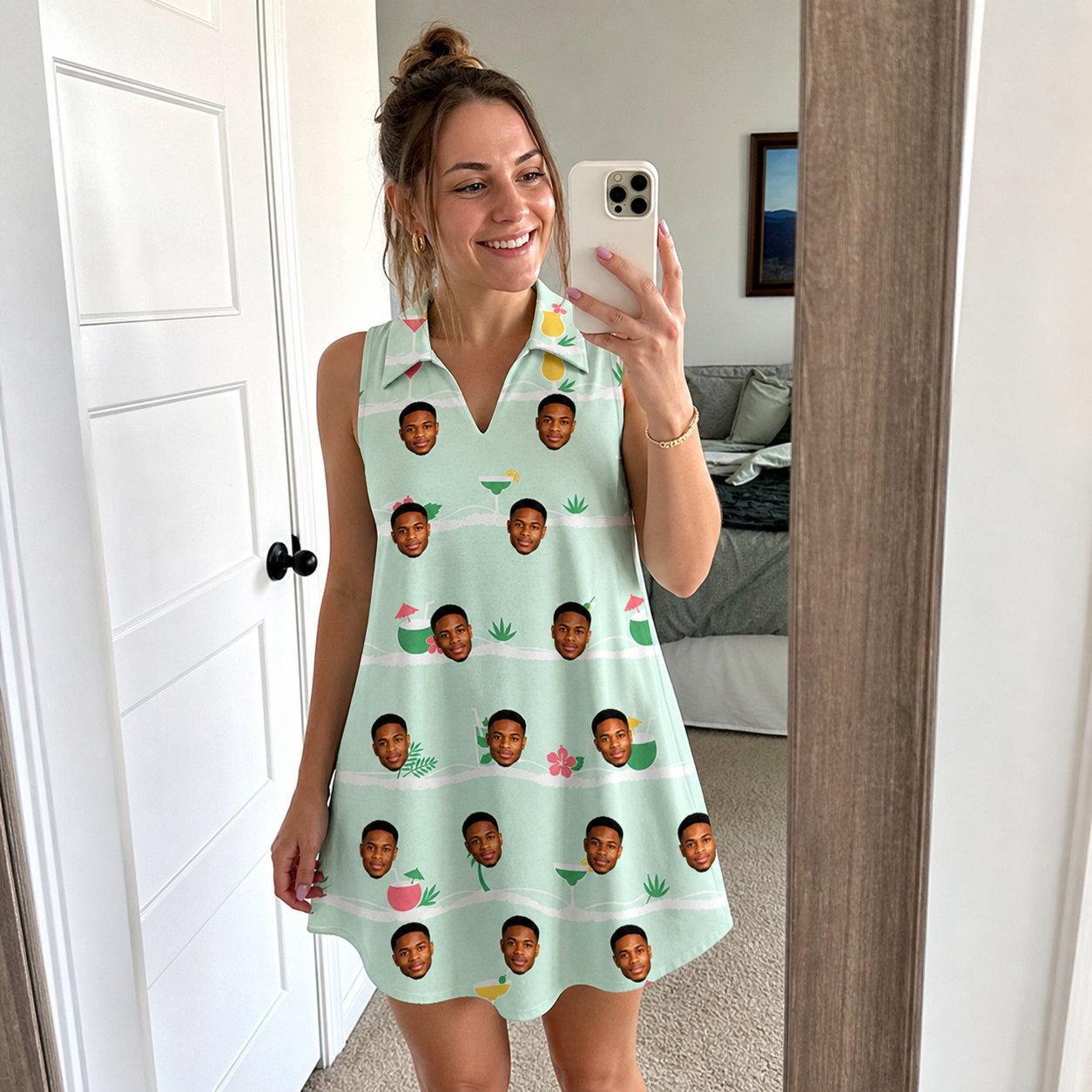 Real-life photo of someone wearing Women's Margarita Mayhem Custom Face V-Neck Dress — custom faces printed all-over