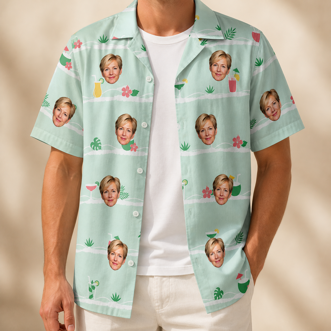 Man wearing Men's Margarita Mayhem Custom Face Hawaiian Shirt open over a white tee