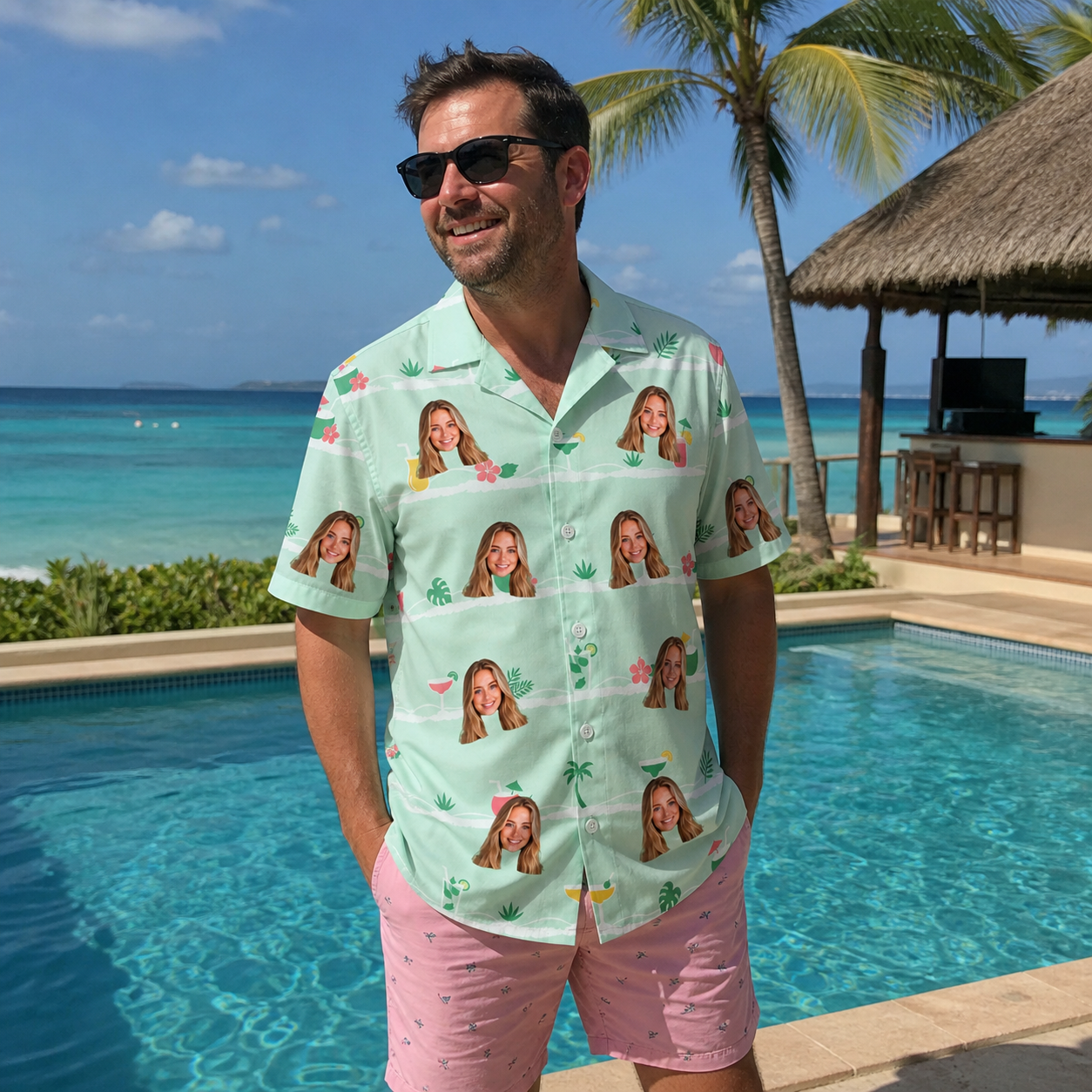 Real-life photo of someone wearing Men's Margarita Mayhem Custom Face Hawaiian Shirt — custom faces printed all-over