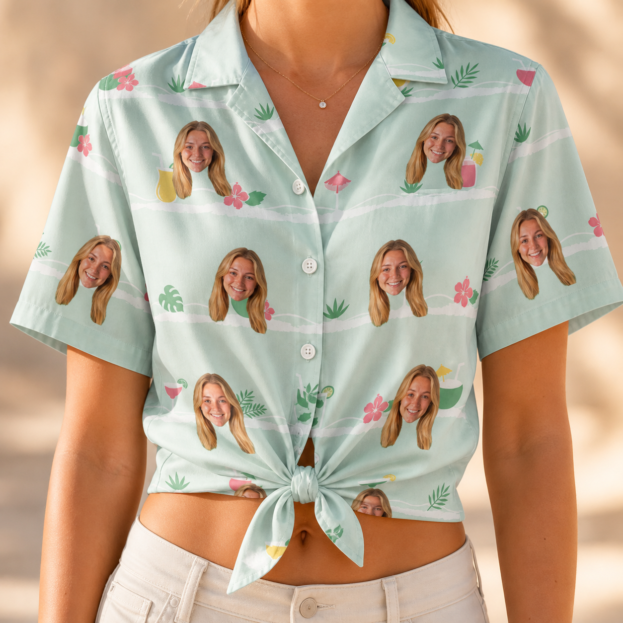 Woman wearing Women's Margarita Mayhem Custom Face Hawaiian Shirt tied at the waist