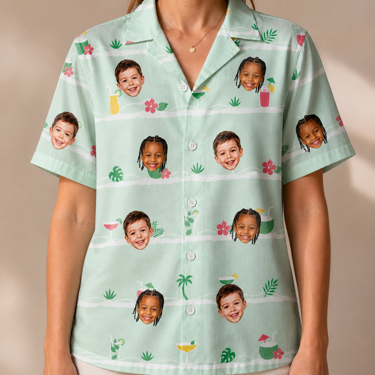 Model wearing Women's Margarita Mayhem Custom Face Hawaiian Shirt printed with kids' faces