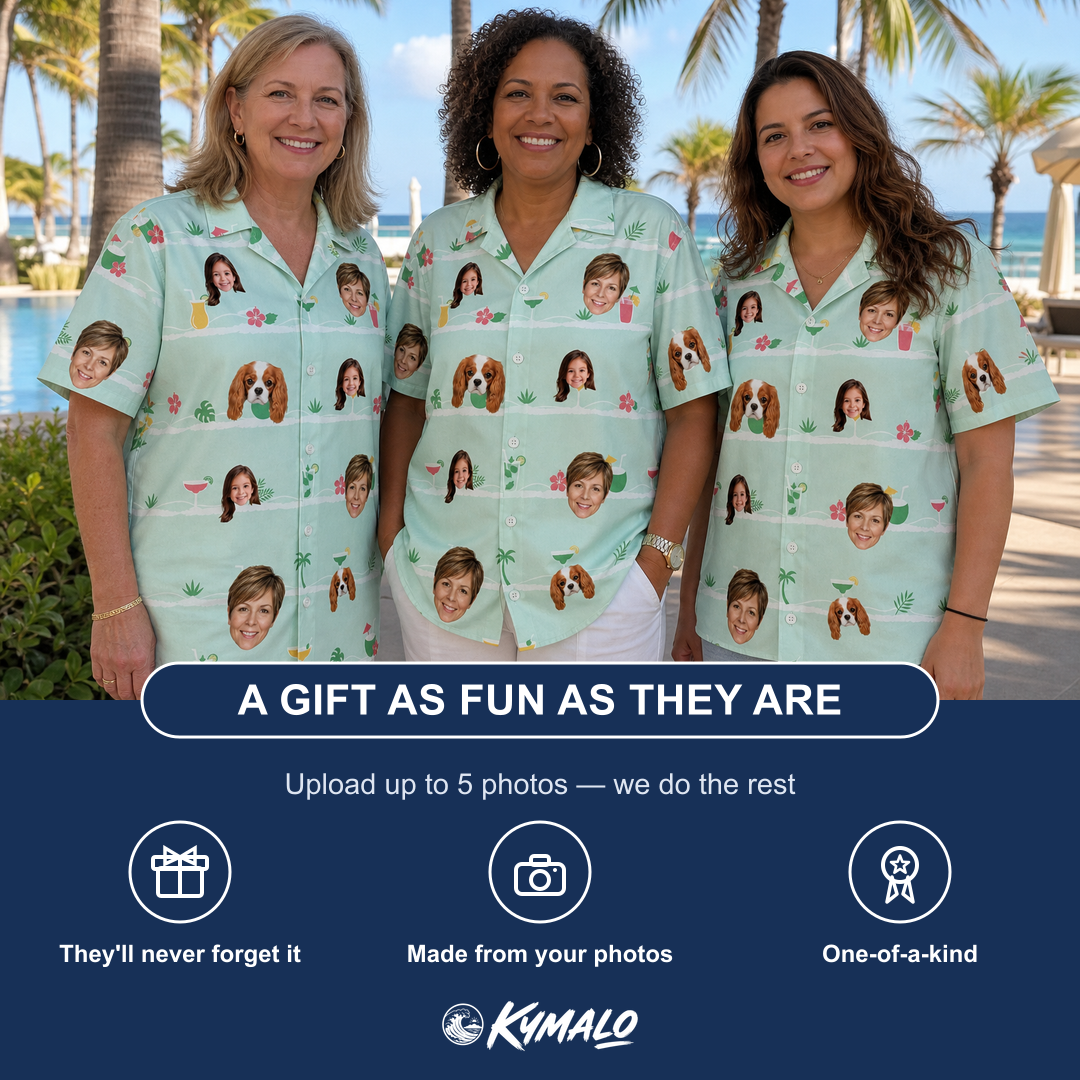 Friends in matching Women's Margarita Mayhem Custom Face Hawaiian Shirt — a group gift photo