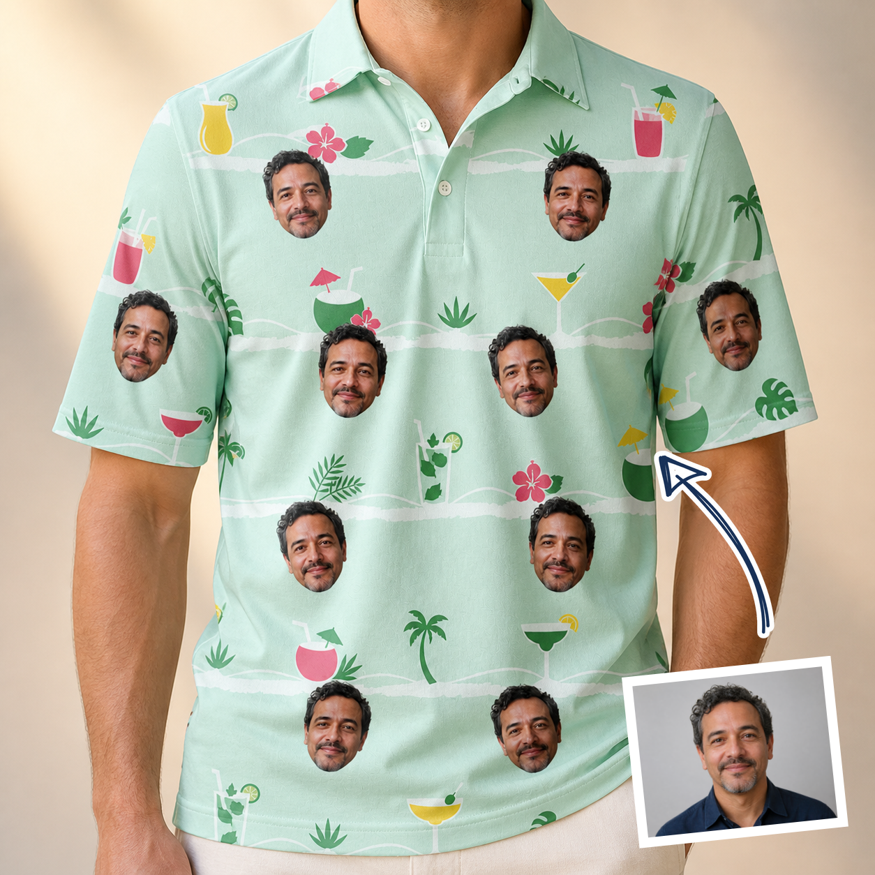 Man wearing Men's Margarita Mayhem Custom Face Polo Shirt — custom faces printed all-over