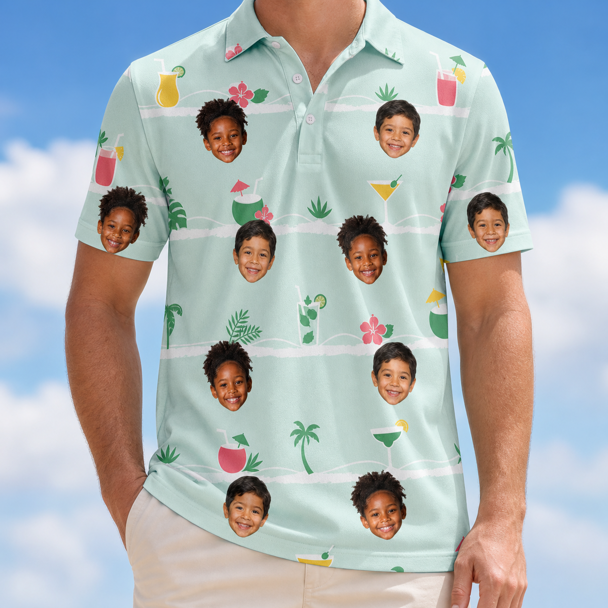 Model wearing Men's Margarita Mayhem Custom Face Polo Shirt printed with kids' faces