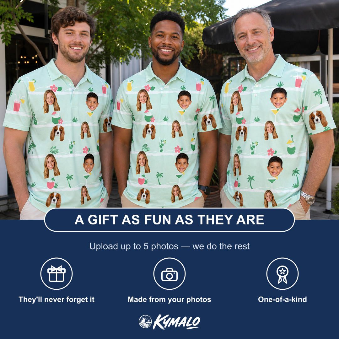 Friends in matching Men's Margarita Mayhem Custom Face Polo Shirt — a group gift photo
