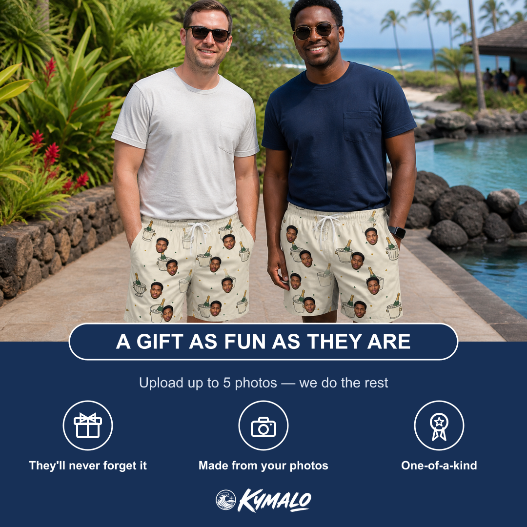 Friends in matching Men's Champagne Chill Custom Face Beach Shorts — a group gift photo