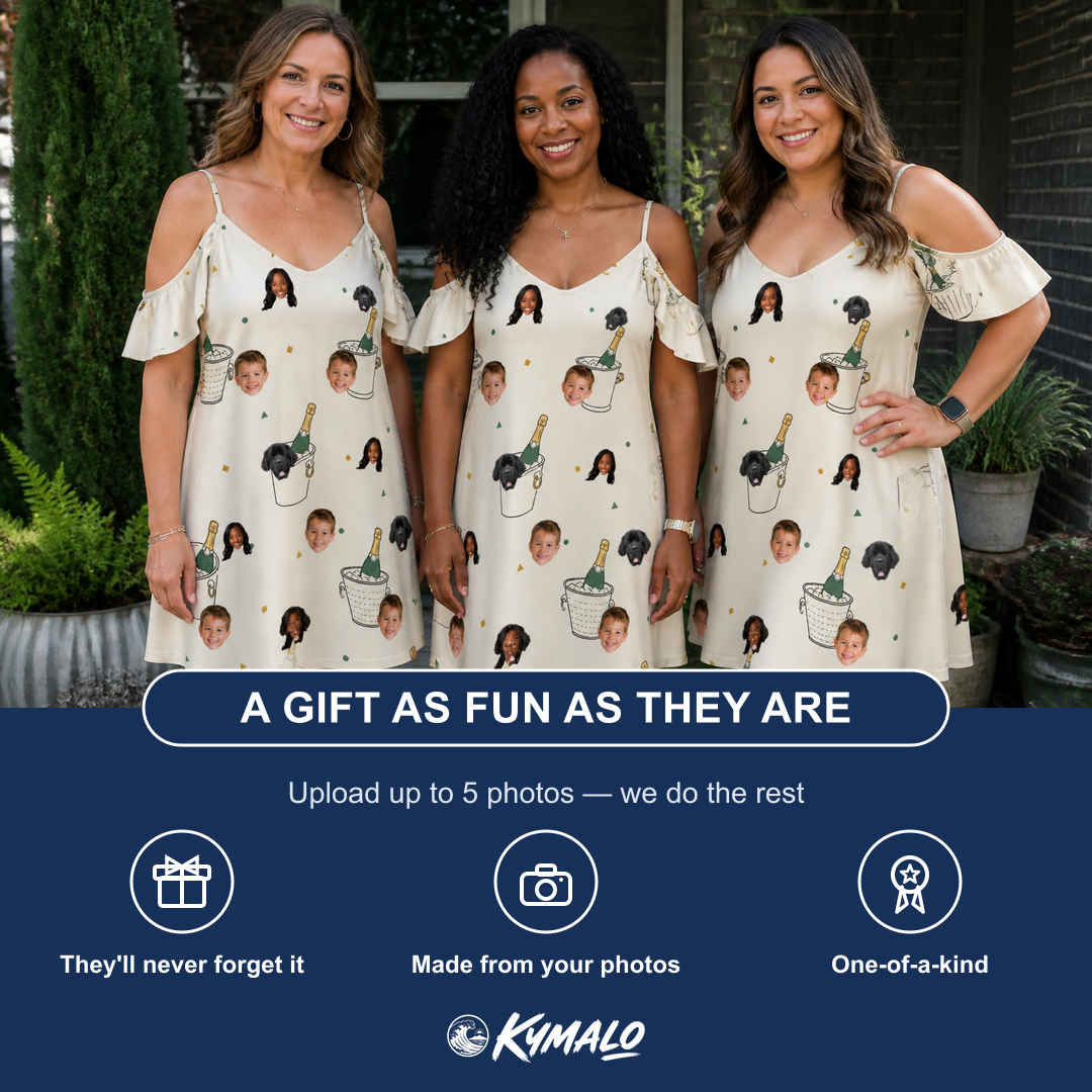 Friends in matching Women's Champagne Chill Custom Face Off-Shoulder Dress — a group gift photo
