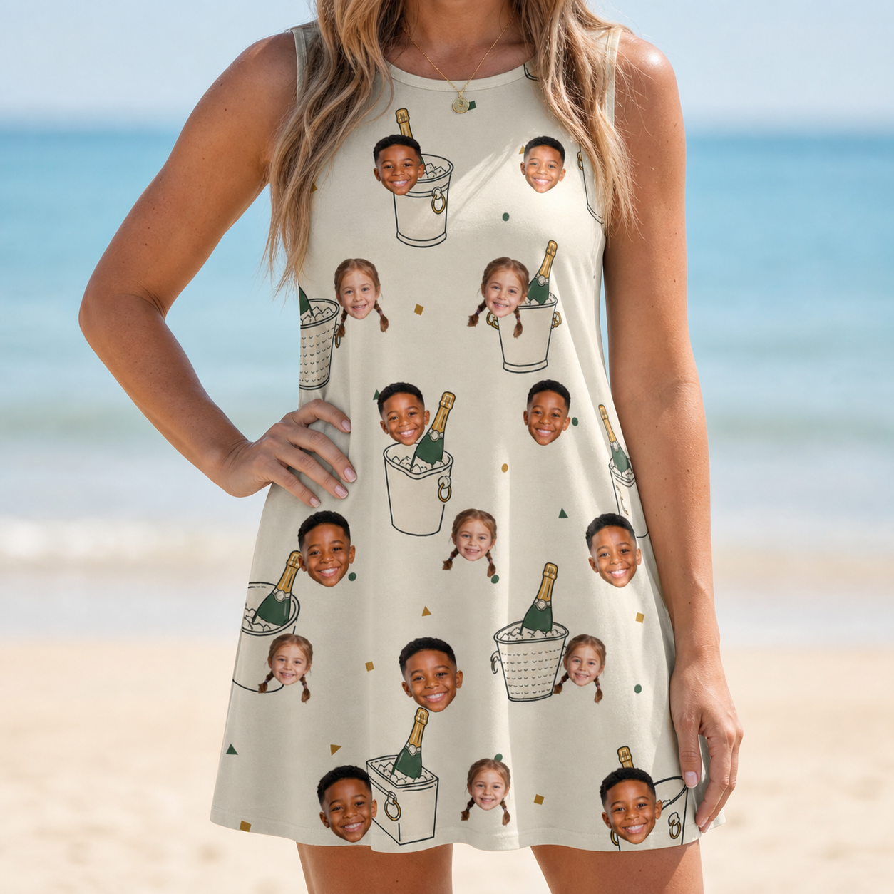 Model wearing Women's Champagne Chill Custom Face Tank Dress printed with kids' faces