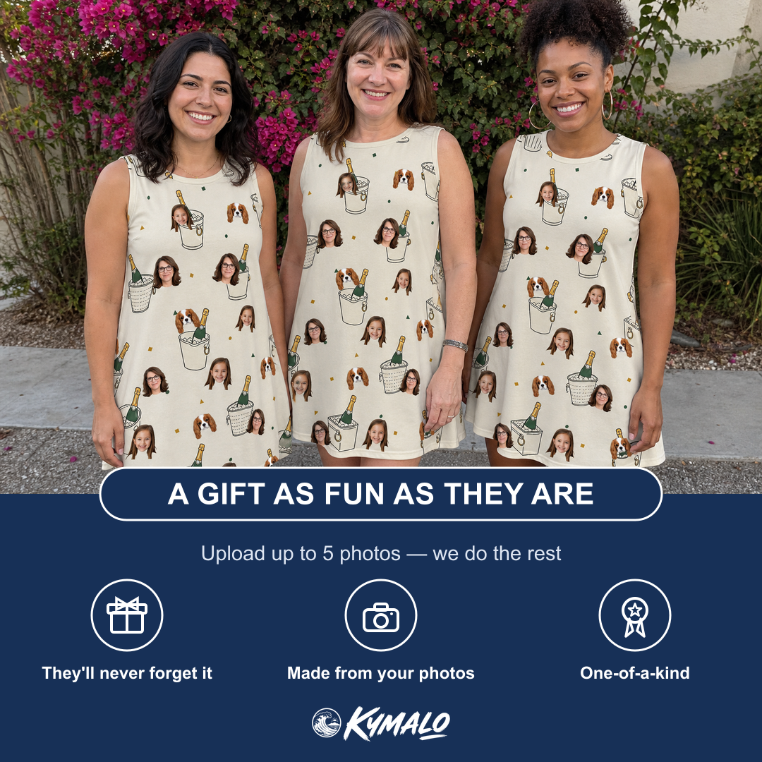 Friends in matching Women's Champagne Chill Custom Face Tank Dress — a group gift photo