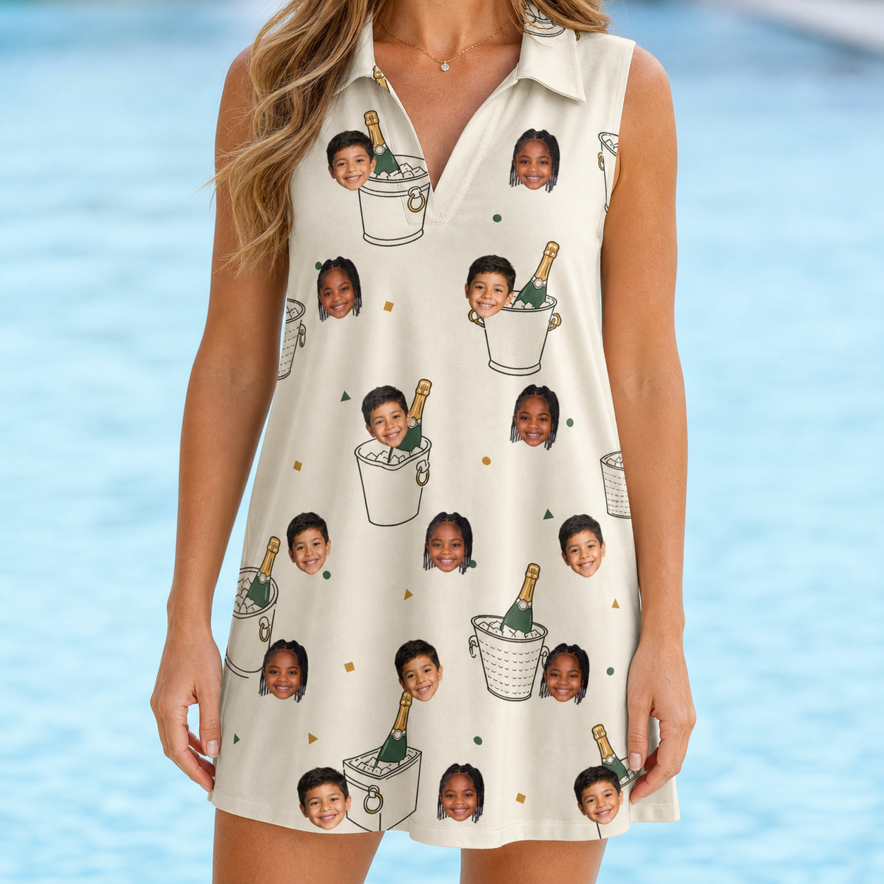Model wearing Women's Champagne Chill Custom Face V-Neck Dress printed with kids' faces