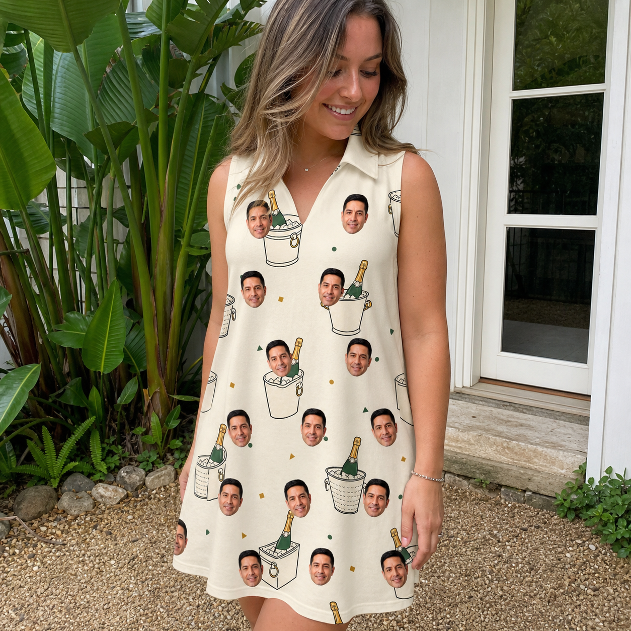 Real-life photo of someone wearing Women's Champagne Chill Custom Face V-Neck Dress — custom faces printed all-over