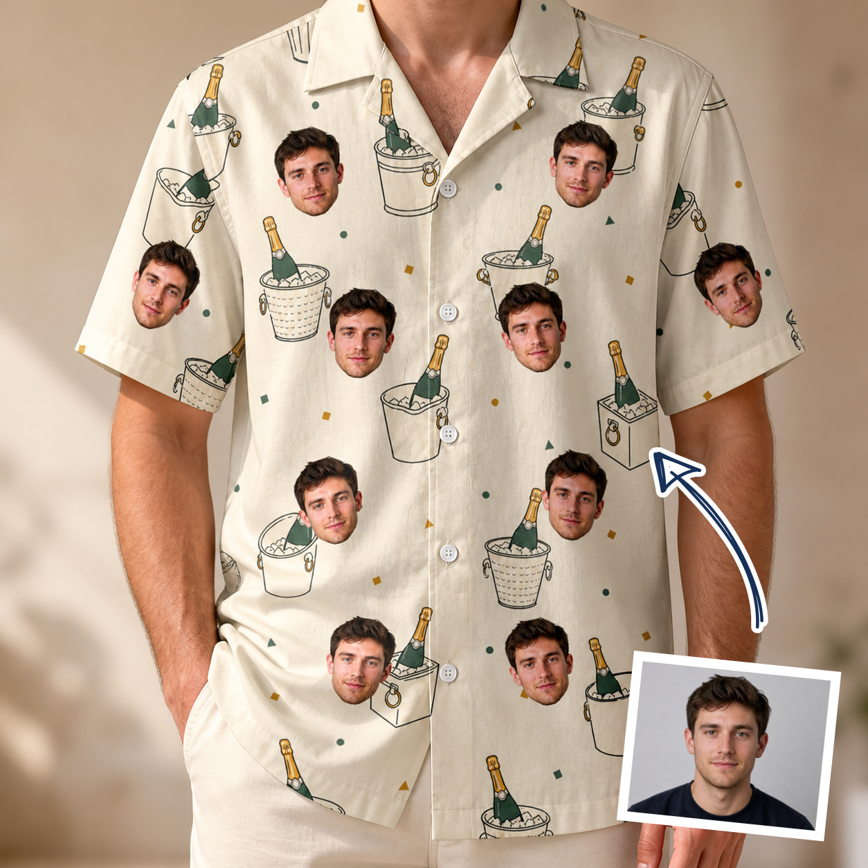 Man wearing Men's Champagne Chill Custom Face Hawaiian Shirt — custom faces printed all-over