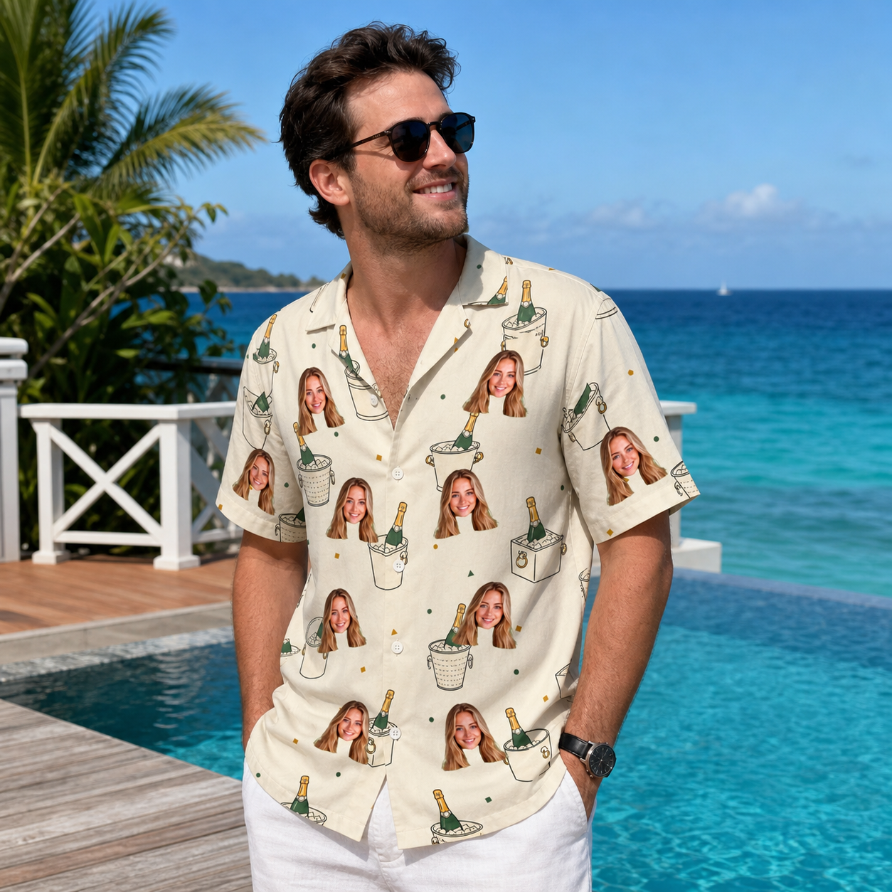 Real-life photo of someone wearing Men's Champagne Chill Custom Face Hawaiian Shirt — custom faces printed all-over