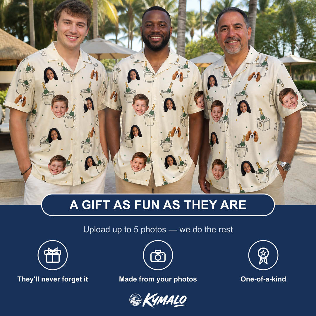 Friends in matching Men's Champagne Chill Custom Face Hawaiian Shirt — a group gift photo