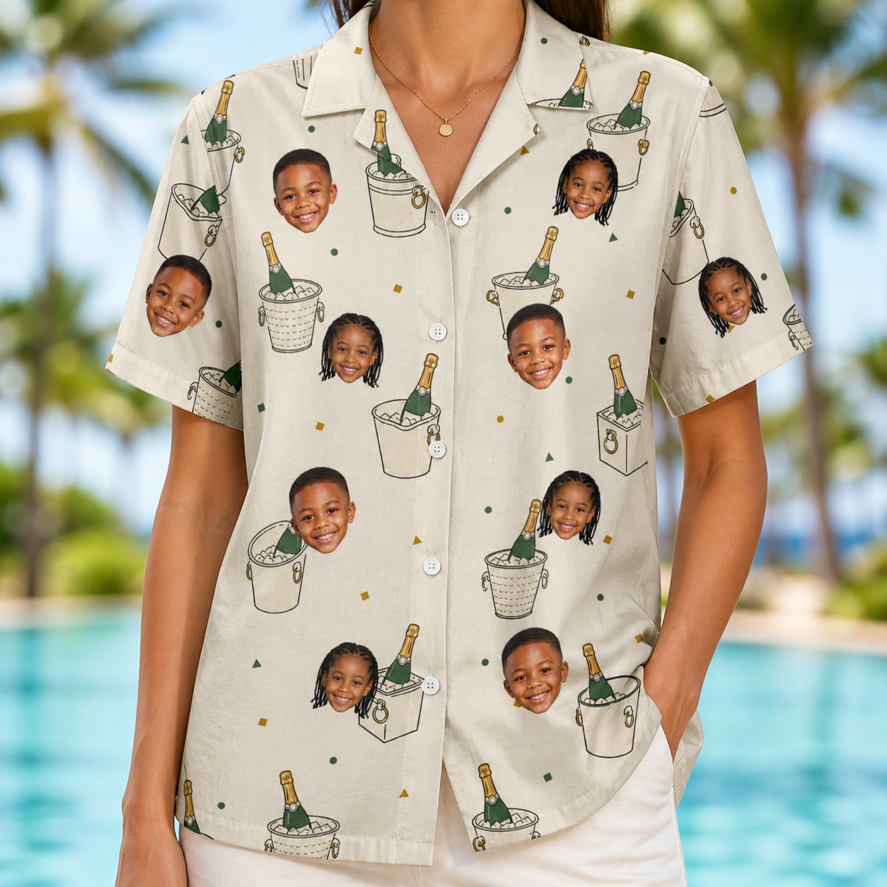 Model wearing Women's Champagne Chill Custom Face Hawaiian Shirt printed with kids' faces