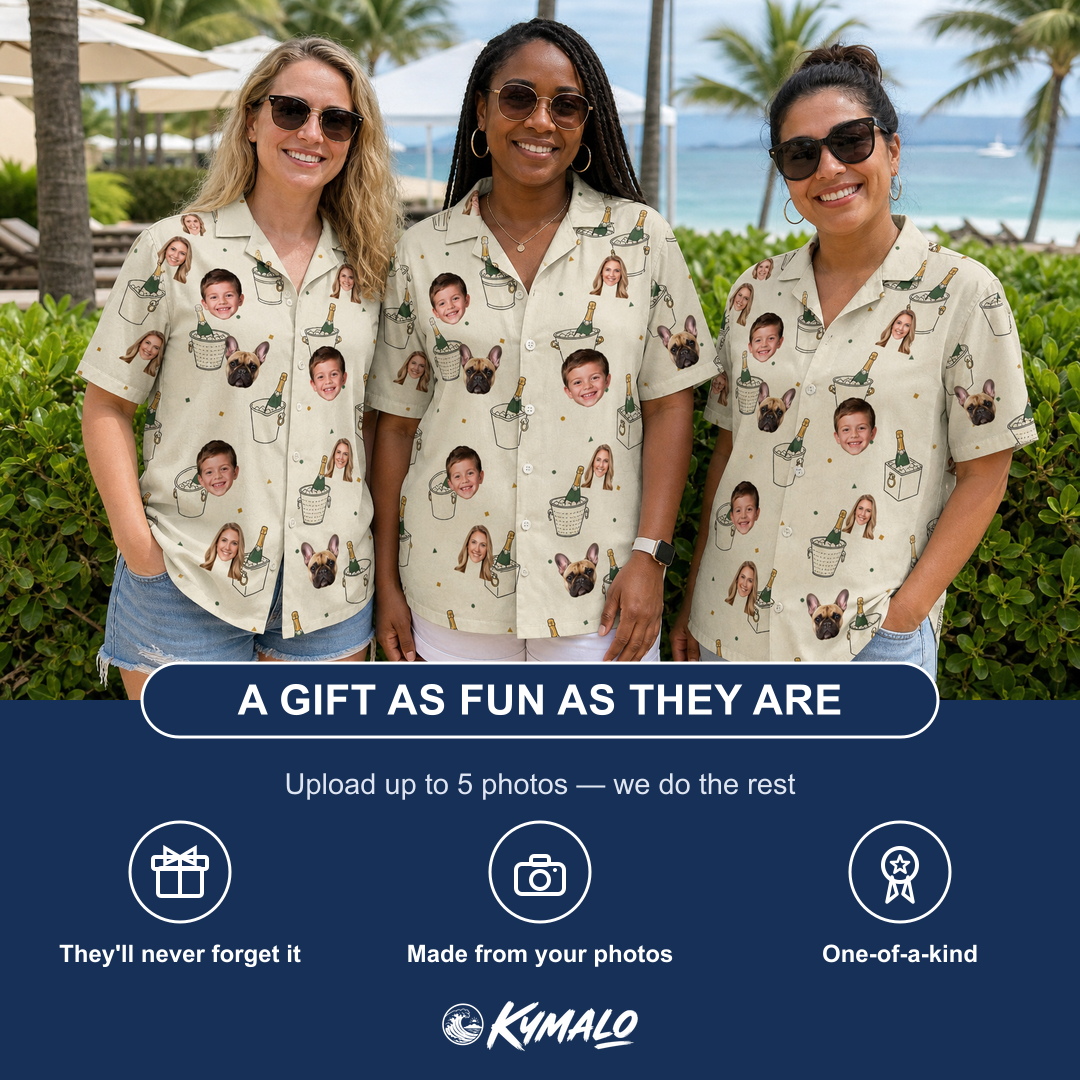 Friends in matching Women's Champagne Chill Custom Face Hawaiian Shirt — a group gift photo