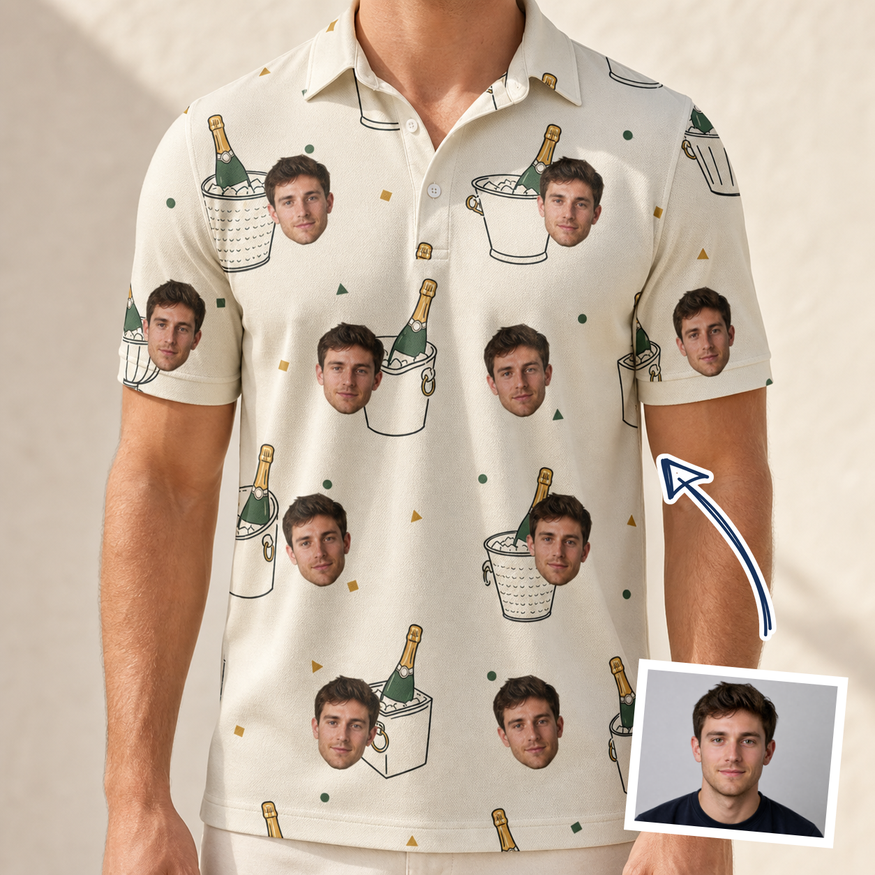 Man wearing Men's Champagne Chill Custom Face Polo Shirt — custom faces printed all-over