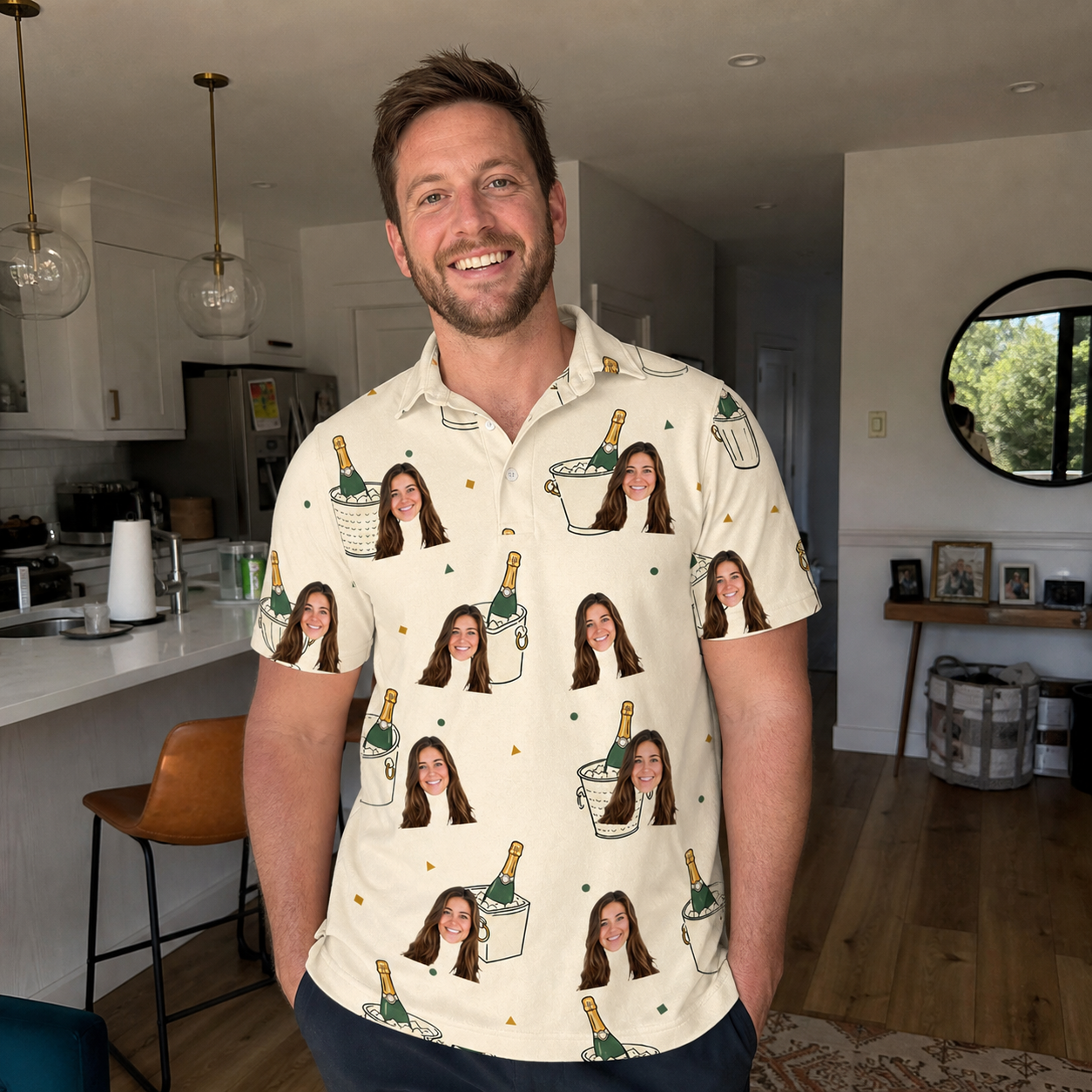 Real-life photo of someone wearing Men's Champagne Chill Custom Face Polo Shirt — custom faces printed all-over