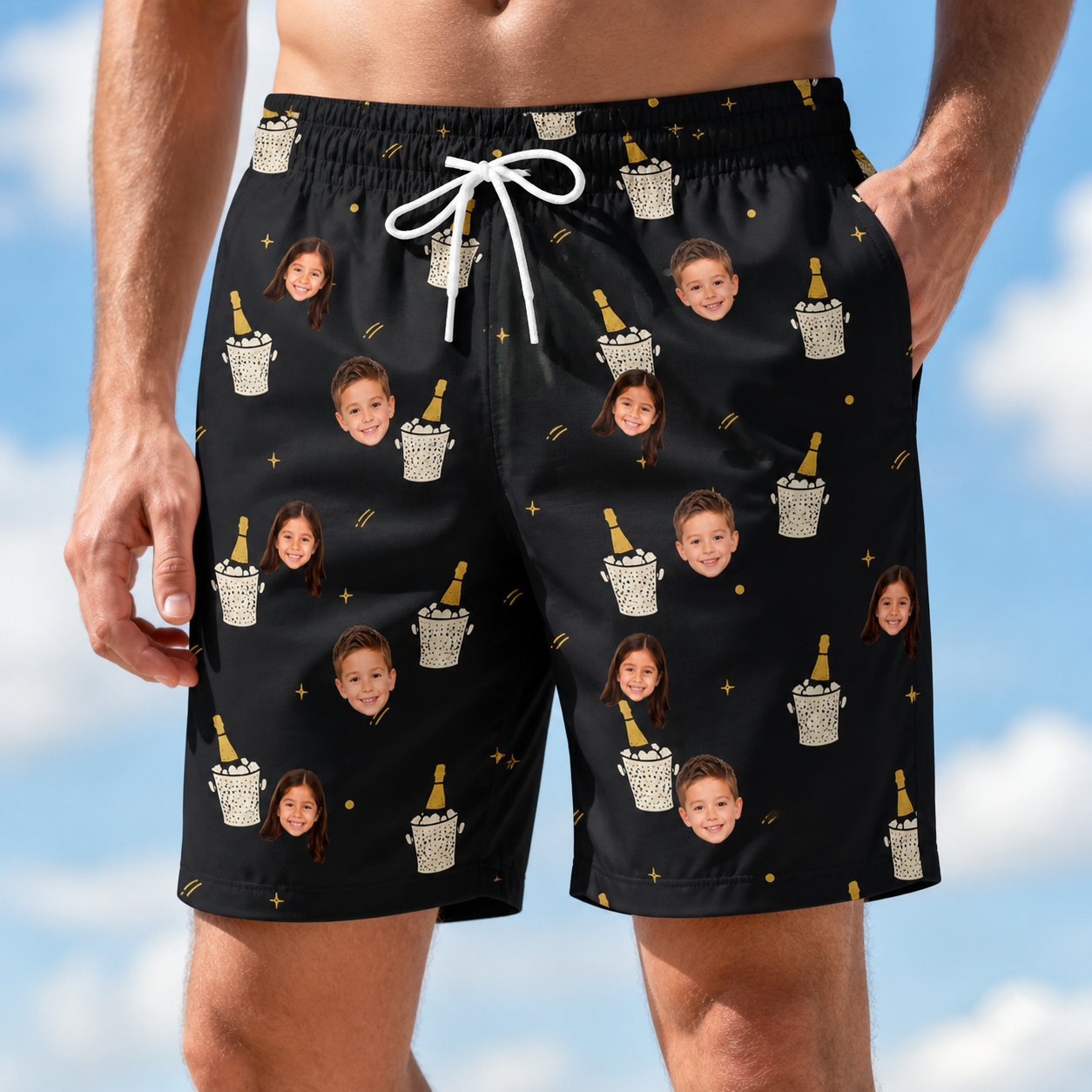 Model wearing Men's Frosted Flutes Custom Face Beach Shorts printed with kids' faces