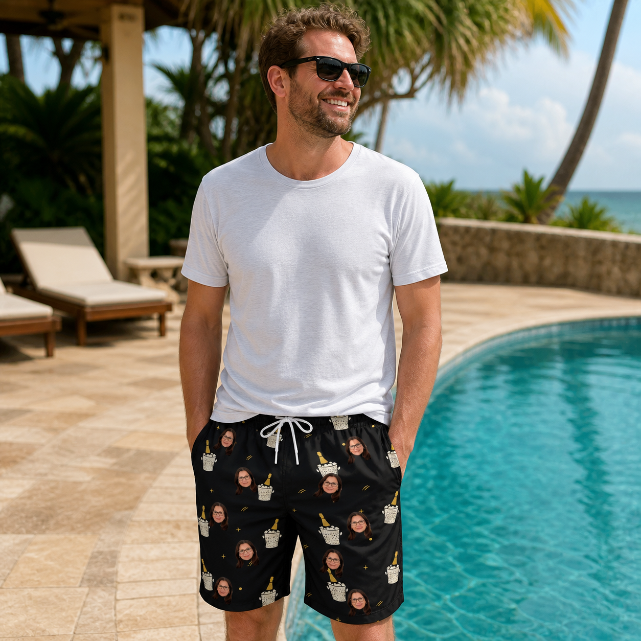 Real-life photo of someone wearing Men's Frosted Flutes Custom Face Beach Shorts — custom faces printed all-over