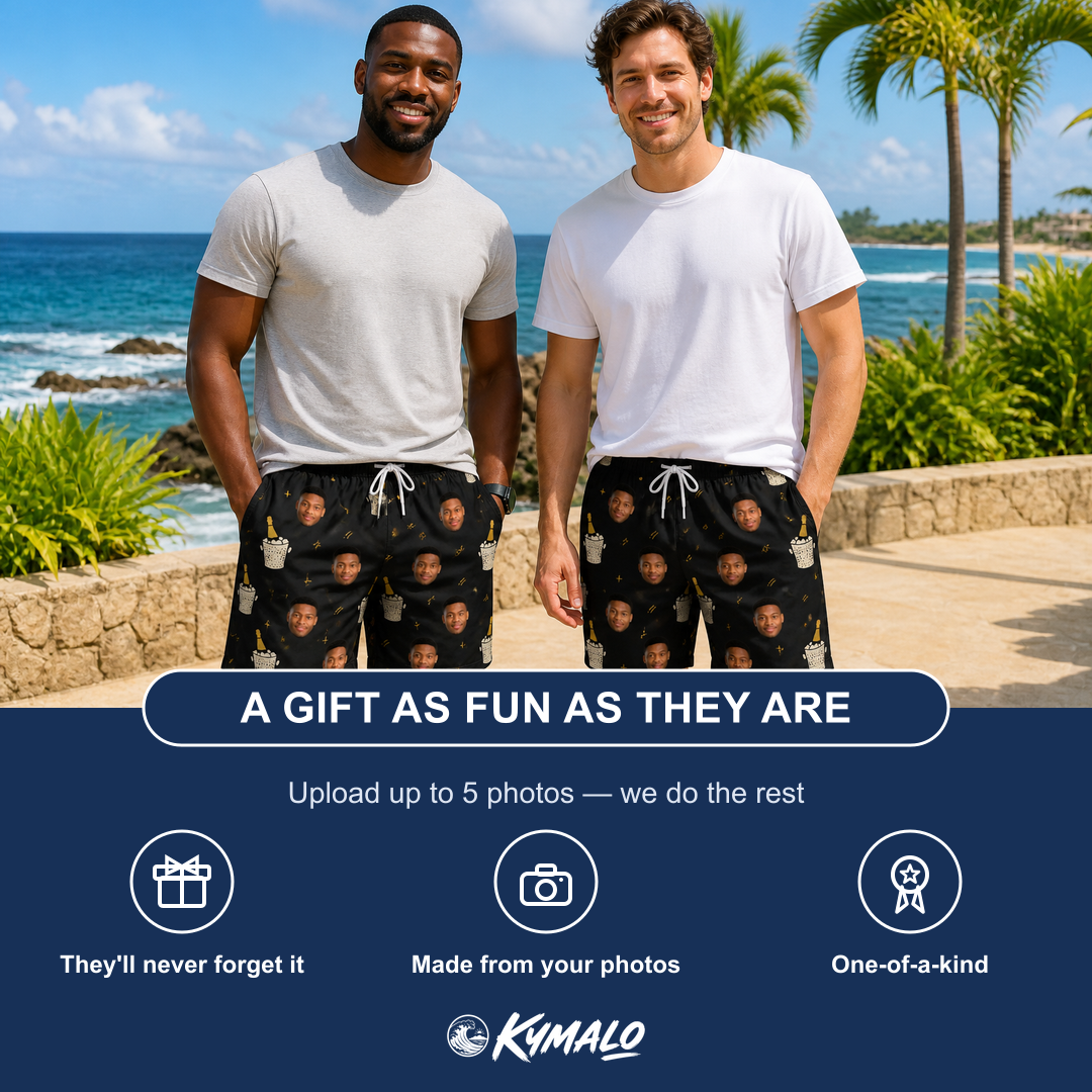 Friends in matching Men's Frosted Flutes Custom Face Beach Shorts — a group gift photo