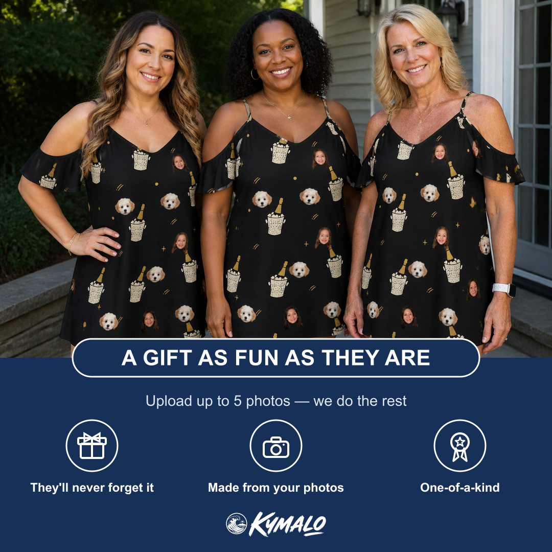 Friends in matching Women's Frosted Flutes Custom Face Off-Shoulder Dress — a group gift photo