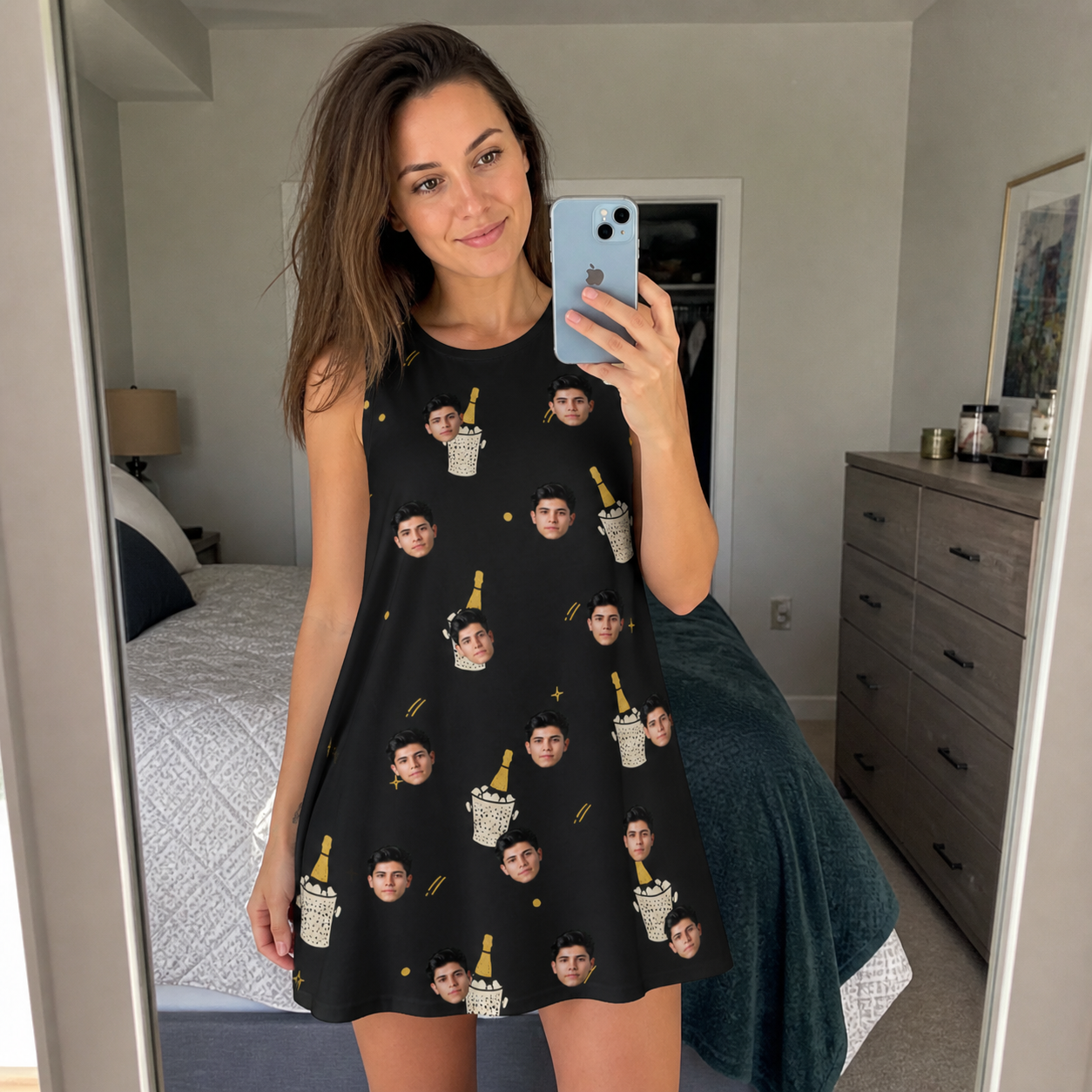 Real-life photo of someone wearing Women's Frosted Flutes Custom Face Tank Dress — custom faces printed all-over