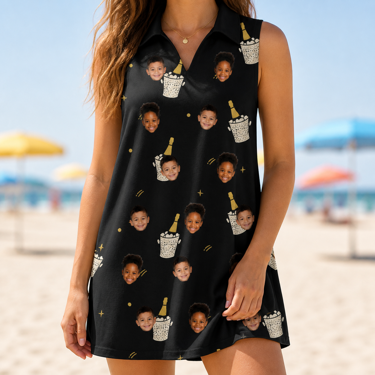Model wearing Women's Frosted Flutes Custom Face V-Neck Dress printed with kids' faces