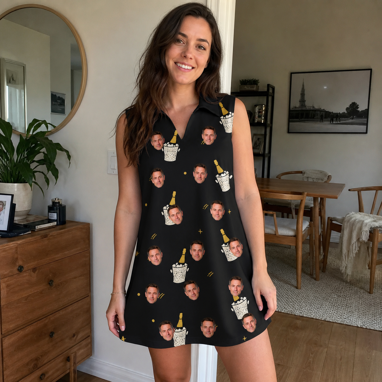 Real-life photo of someone wearing Women's Frosted Flutes Custom Face V-Neck Dress — custom faces printed all-over