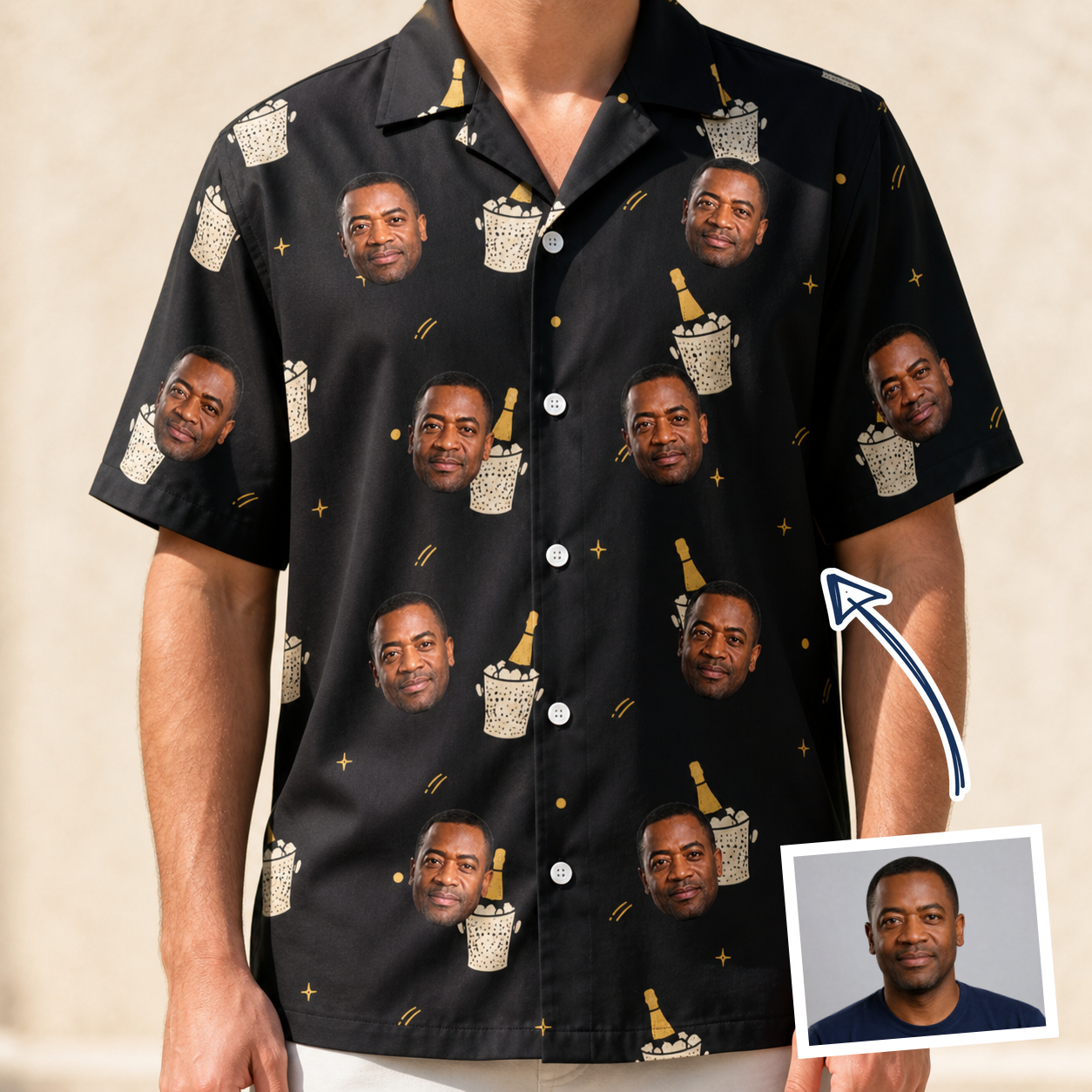 Man wearing Men's Frosted Flutes Custom Face Hawaiian Shirt — custom faces printed all-over