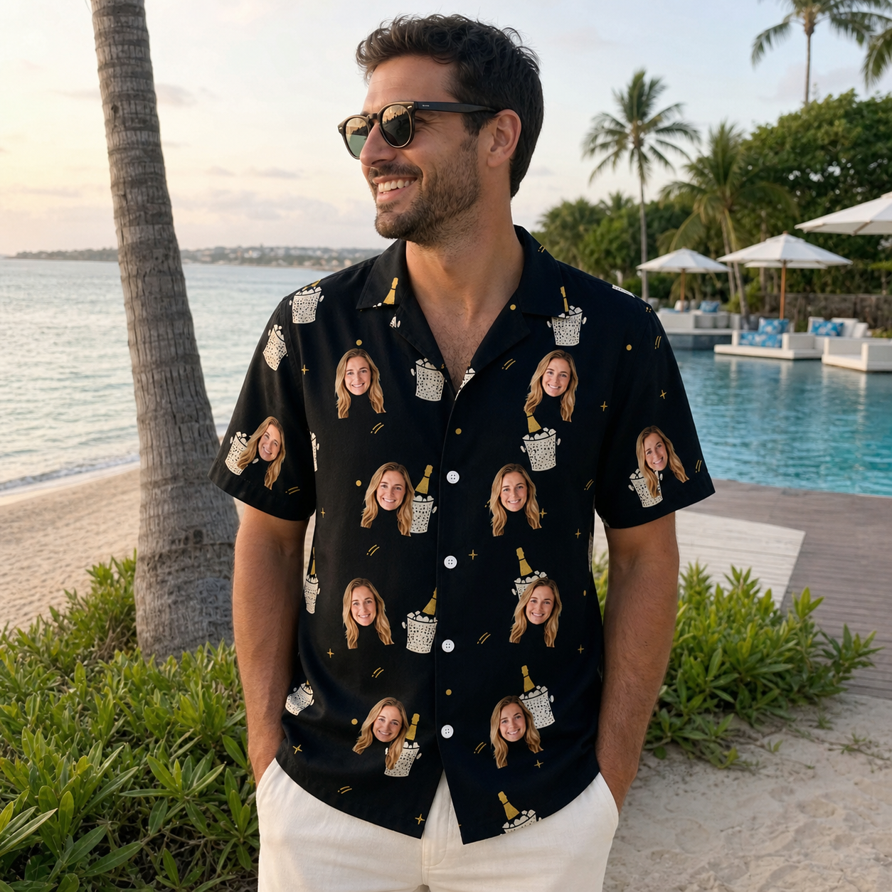 Real-life photo of someone wearing Men's Frosted Flutes Custom Face Hawaiian Shirt — custom faces printed all-over