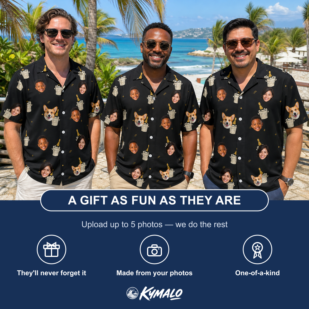 Friends in matching Men's Frosted Flutes Custom Face Hawaiian Shirt — a group gift photo